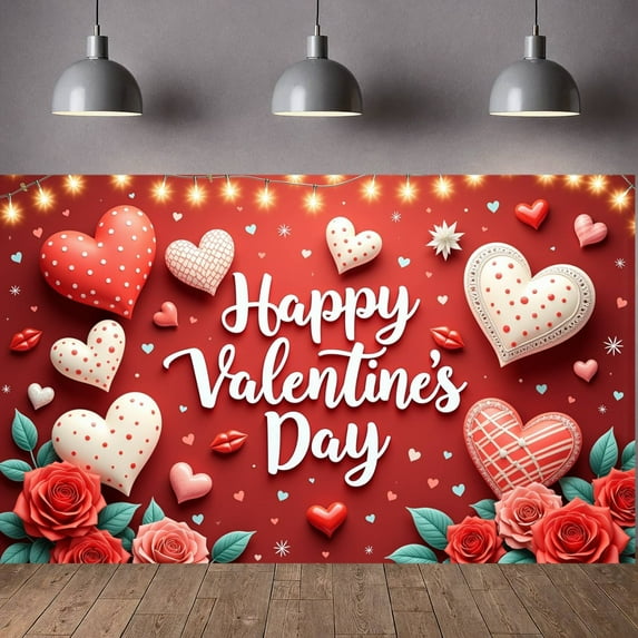 Red Roses Valentine's Day Banner Heart Shapes Love Display Romantic Gift Boxes Romantic Backdrop for Valentine's Party Romantic Date Indoor Decoration