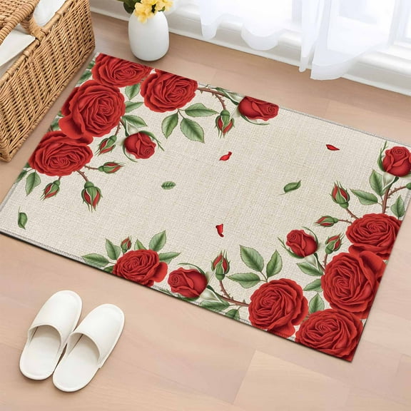 Red Roses Valentine's Day Bathroom Rug Washable 2x3 Entryway Rug Non Slip Romantic Spring Floral Rustic Front Door Mat Low Pile Indoor Doormat Throw Floor Carpet for Kitchen Bedroom Entrance