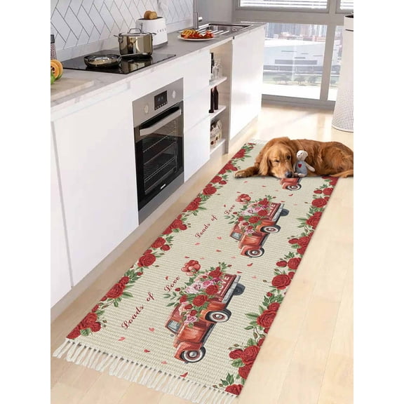 Red Roses Valentine's Day Kitchen Runner Rug 2x4 Bedside Rug with Tassel Cotton Woven Throw Rugs Washable Hallway Runner Rugs Romantic Floral Truck Rustic Floor Carpet for Bedroom Bathroom Living