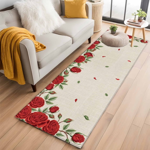 Red Roses Valentine's Day Kitchen Runner Rug 2x6 Washable Runners for Hallway Non Slip Romantic Spring Floral Rustic Large Area Rug Indoor Floor Carpet for Bathroom Laundry Entryway Bedroom