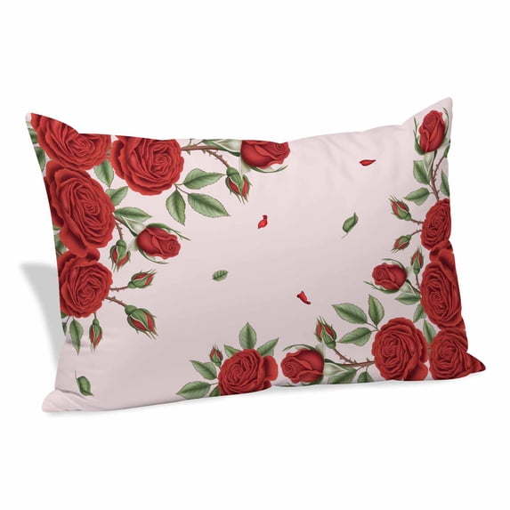 Red Roses Valentine's Day Pillow Covers, Linen Long Throw Pillow Case, Spring Floral Romantic Botanical Holiday Pillow Protector Decorative Cushion Cover for Living Room/Bedroom 24" x 36"