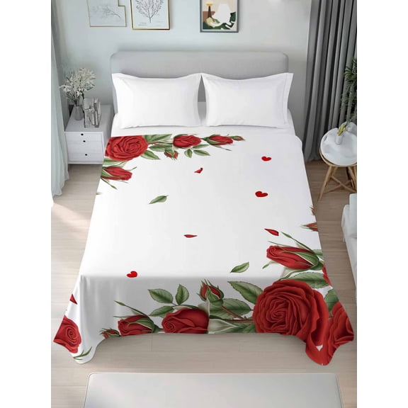 Red Roses Valentine's Day Queen Size Flat Sheet, Wrinkleproof & Fadeproof Cooling Flat Bed Sheet Only, Spring Floral Farmhouse Breathable Soft Bedding Top Sheets 90 x 102 Inches