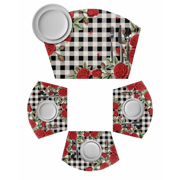 Red Roses Valentine's Day Round Placemats Set of 2, Romantic Spring Floral Plaid Placemats for Round Dining Table Shape Wedge Placemats for Outdoor Indoor Wipeable Clean Table Place Mats