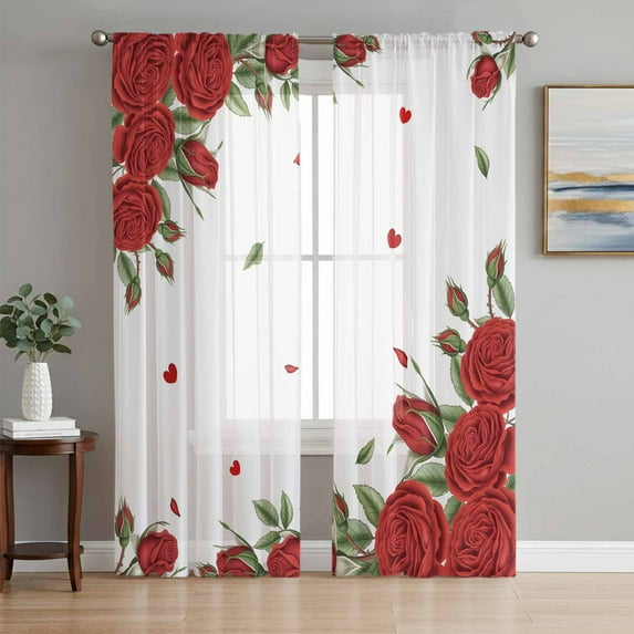 Red Roses Valentine's Day Semi Sheer Curtains 63 Inch Length 2 Panels Set, Spring Floral Farmhouse Sheer Kitchen Curtain Privacy Voile Window Curtain for Living Room Bedroom Rod Pocket Drapes