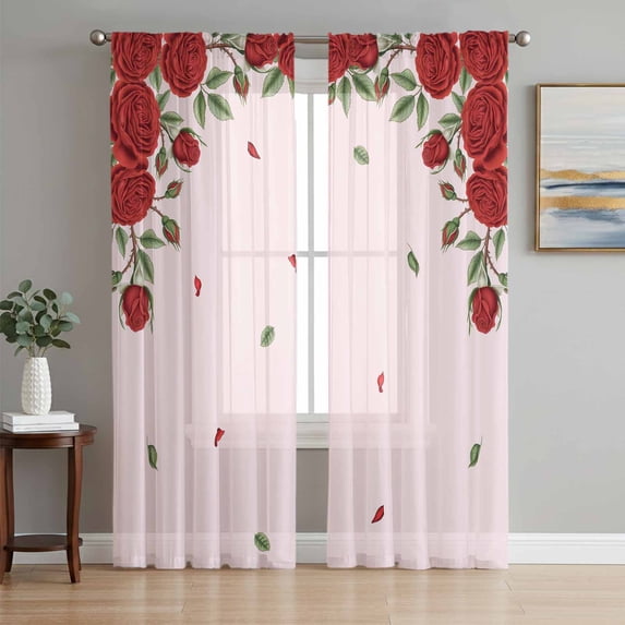 Red Roses Valentine's Day Sheer Curtains 84 Inch Length 2 Panels Set, Spring Floral Romantic Botanical Voile Window Treatment Curtains Sheers Drapes for Bedroom/Living Room/Kitchen 52"x84"x2