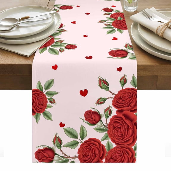 Red Roses Valentine's Day Table Runner - 108 Inch Long, Kitchen Dining Table Runner Dresser Scarves, Spring Floral Romantic Botanical Farmhouse Decor for Coffee Tables Wedding Party Banquet