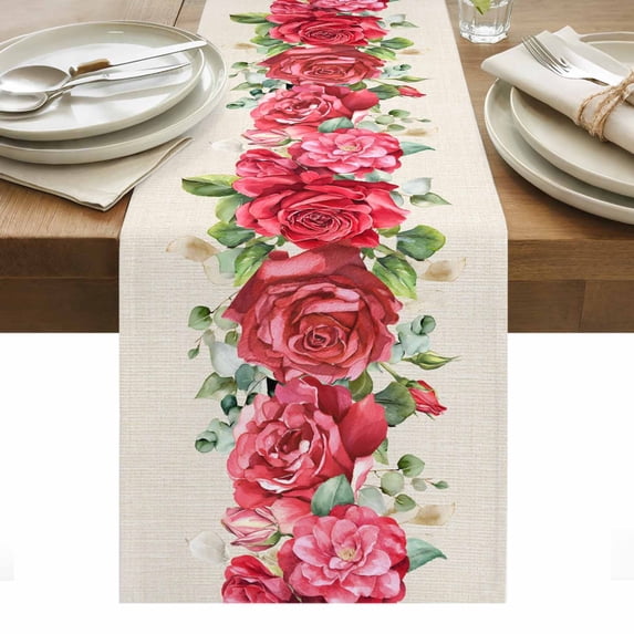 Red Roses Valentine's Day Table Runner - 60 Inch Long, Kitchen Dining Table Runner Dresser Scarves, Eucalyptus Leaves Romantic Rustic Farmhouse Decor for Coffee Tables Wedding Party Banquet