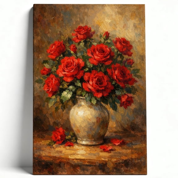 Red Roses in Vase Oil Painting Style Framed Canvas Wall Art - Classical Floral Still Life Canvas Prints - Elegant Romantic Home Decor for Dining Room & Bedroom 12*18inch(30*45cm)
