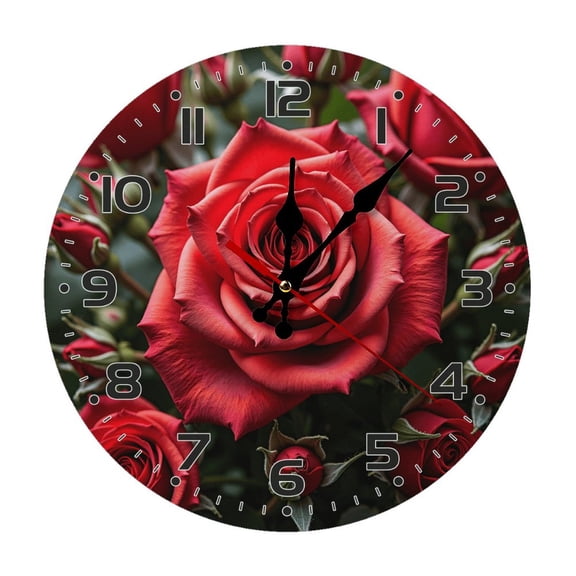 Red Roses Wall Clock 10 Inch Silent Non Ticking Round Wooden Clock Decoration for Living Room Kitchen Bedroom Bathroom Office Classroom