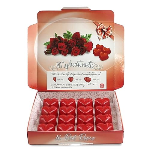 Red Roses Wax Melts Heart Shaped - 16 Highly Scented Wax Melts in a Presentation Gift Box 3.2 OZ Pack, Natural Candle, Soy Wax Melt Cubes Shaped as Hearts, Christmas Gifts Use with Any Warmer