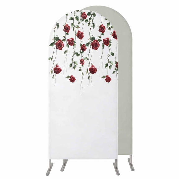 Red Roses Wedding Arch Cover, Stretchy Spandex Arch Backdrop Stand Covers 4 FT, Spring Floral Summer Botanical Weeping Round Top Arched Backdrop Cover for Birthday Party Ceremony Baby Shower Event