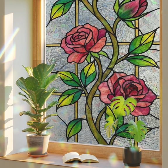 Red Roses Window Privacy Film, Vines Lines Stained Glass Elegant Stained Glass Rainbow Film Decorative Window Clings, Static Cling Sun Blocking Stickers 17.7" x 39.3"