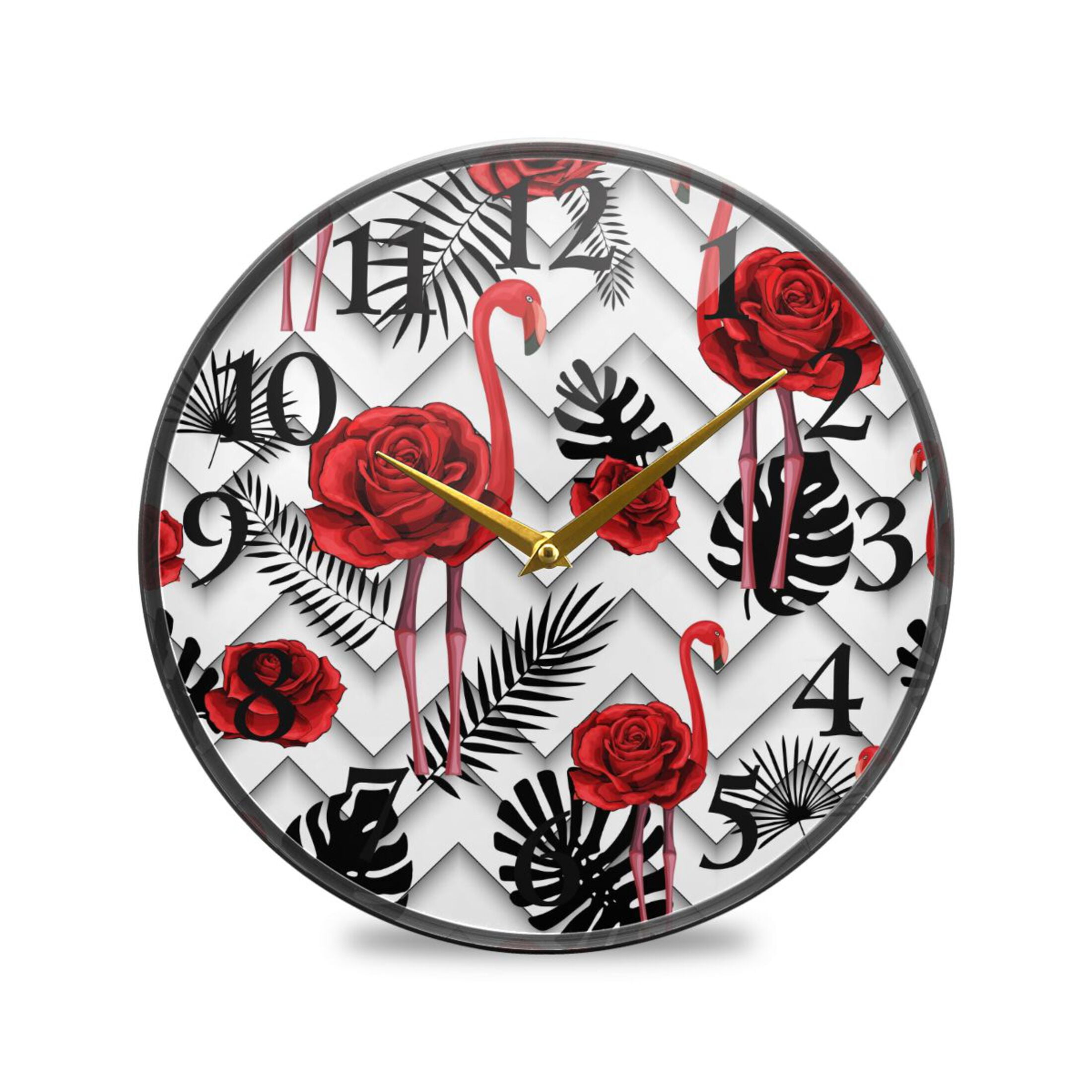 Red Roses and Flamingo on Lines Wall Clocks Battery Operated 11.9 Inch ...