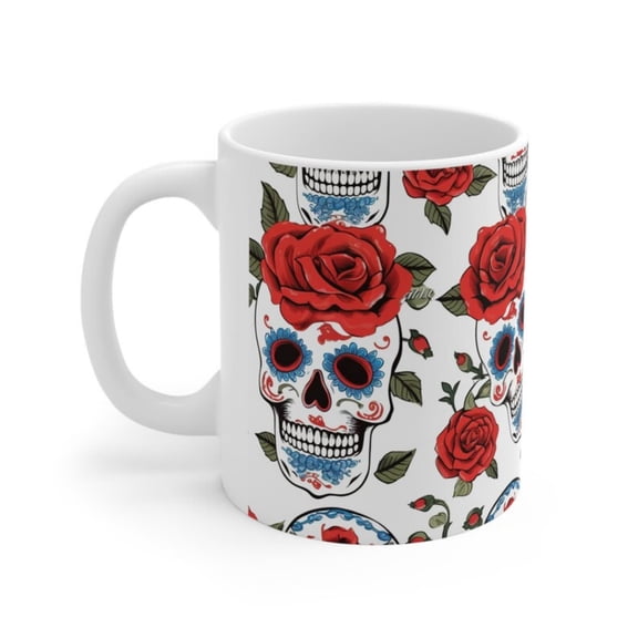 Red Roses and Skulls Coffee Mug, Roses and Dia De Muertos Skulls Tea Cup, Gift Rose Lovers, Gift Her, Gift Him.