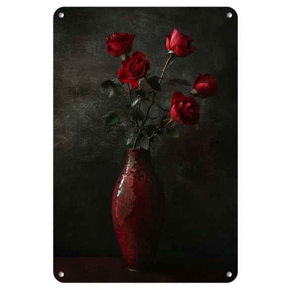 Red Roses in a Red Vase Metal Plaque Wall Decor for Home Kitchen Bathroom - Novelty Retro Sign