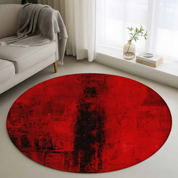 Red Round Area Rug 3.3 FT, Non Slip Small Entryway Kitchen Mat, Retro Oil Painting Modern Abstract Art Aesthetics Washable Soft Circular Rug Non-Shedding Door Mat for Bathroom Playroom Kids Room