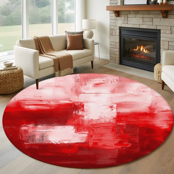 Red Round Area Rug 5 FT, Non Slip Bedroom Area Rug, Modern White Oil Painting Art Abstract Washable Soft Circular Carpet Non-Shedding Floor Mat for Kitchen Dining Room Foyer Balcony Dorm