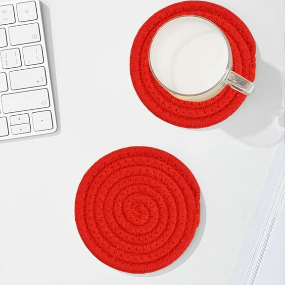 Red Round Braided Placemat, 7 Inch Natural Cotton Rope Woven Table Mat, Heat-Resistant Non-Slip Coaster & Trivet, Boho Farmhouse Dining Table Protector, Decorative Kitchen Hot Pad, Durable & Stylish