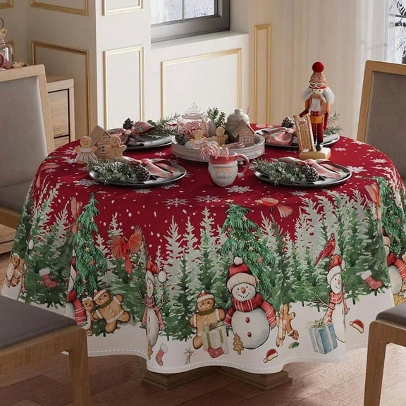 Red Round Christmas Tablecloth 70inch Snowman Gingerbread Tree Winter Design Washable Indoor Dining Decor