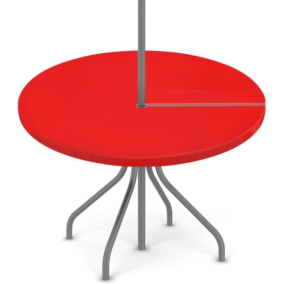 Red Round Fitted Tablecloth with Umbrella Hole and Hidden Zipper Elastic Table Cover Waterproof Table Protector for Picnic Party Patio Garden (45‘’-52‘’)