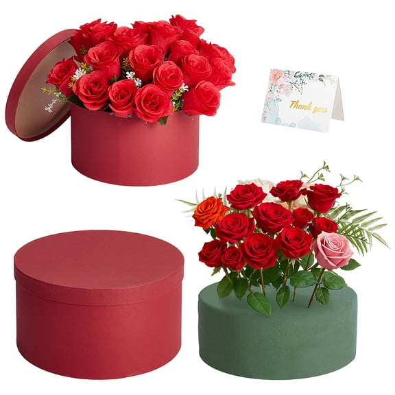 Red Round Gift Box with Lid & Floral Foam Set 9.2x4.9 Inch Gift Boxes for Flowers for Mother's Day Valentine's Day Anniversary Wedding