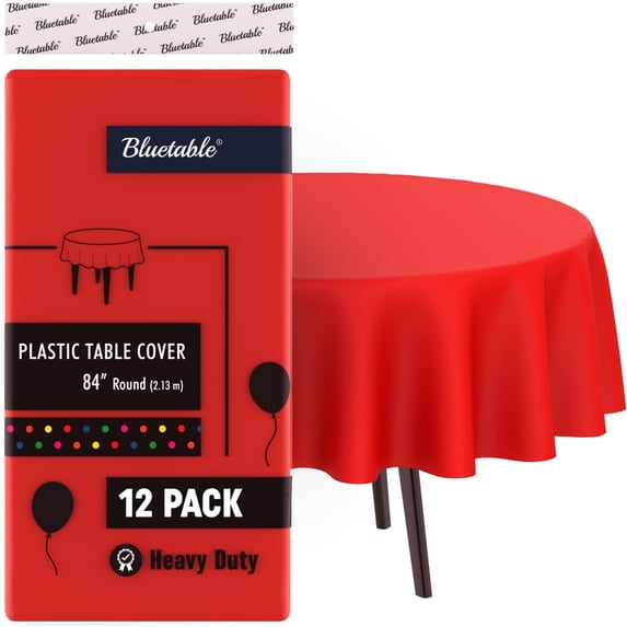 Red Plastic Tablecloth - Round Disposable (12 Pack) Bulk - Heavy Duty Table Cloth (84” Inches)