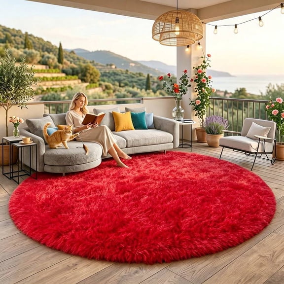 Red Round Plush Fluffy Area Rug – Soft Shaggy Indoor Carpet For Living Room, Bedroom, Home Decor