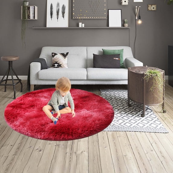 Red Round Shag Rug for Living Room & Bedroom | 31.5 Inch Non-Shedding High Pile Area Rug with Non-Slip Rubber Backing | 1.5 Inch Thick Fluffy Throw Rug, 1 Piece