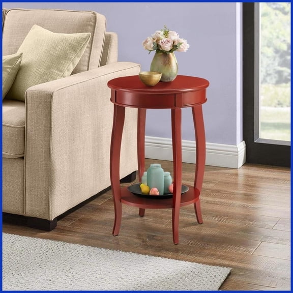 Red Round Solid Wood & MDF Coffee Table with Bottom Shelf Storage, Timeless Style for Living Room