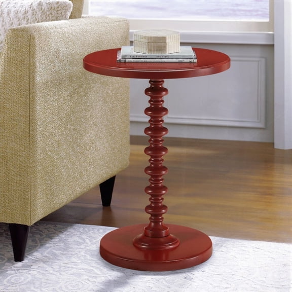 Red Round Wooden Side Table with Elegant Turned Pedestal Base