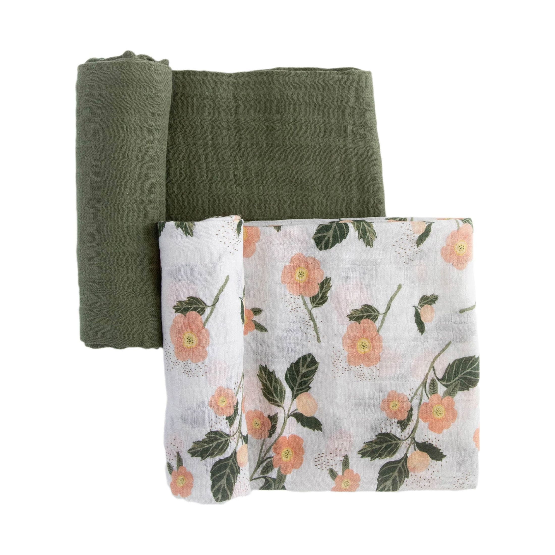 Organic Cotton Muslin Swaddle Blanket Set in Floral and Green