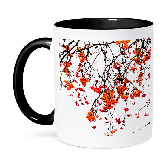 3dRose, Red rowan berries, black twigs, white background, 15oz Two-Tone Black Mug