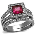 thumbnail image 1 of Red Ruby CZ Stainless Steel Princess Halo Wedding Promise 2 Rings Set 3.2ct, 1 of 5