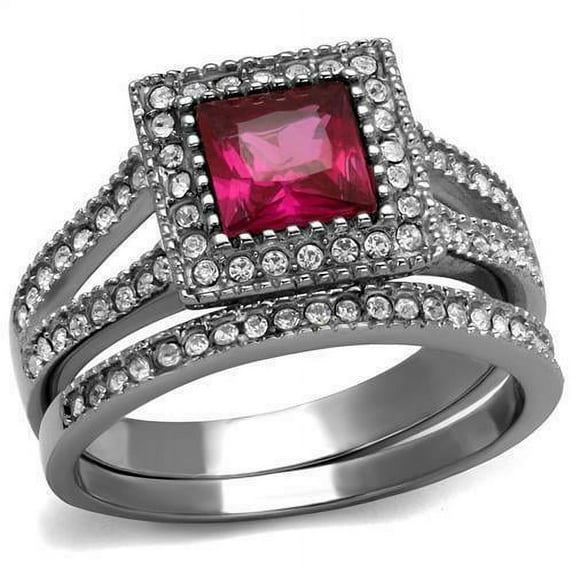 Red Ruby CZ Stainless Steel Princess Halo Wedding Promise 2 Rings Set 3.2ct