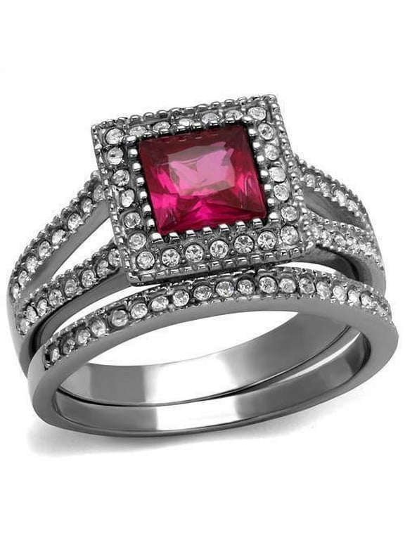 Red Ruby CZ Stainless Steel Princess Halo Wedding Promise 2 Rings Set 3.2ct