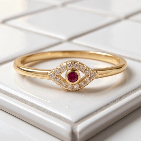 Red Ruby Evil Eye Promise Ring, Diamond Wedding Ring, 925 Sterling Silver Dainty Anniversary Ring for Her, July Birthstone Handmade Jewelry