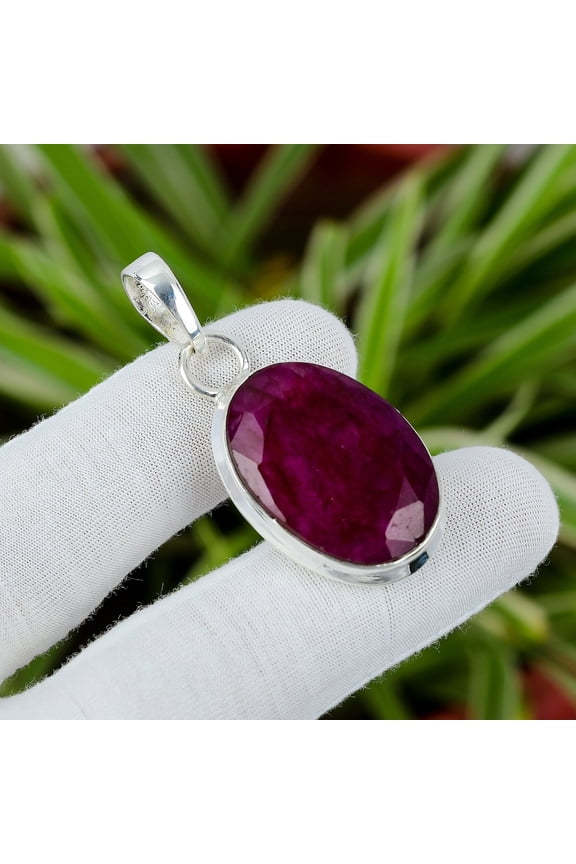 Round Pendant Red Ruby Gemstone Pendant Necklace 925 Sterling, Silver Large Pendant For Men And Women