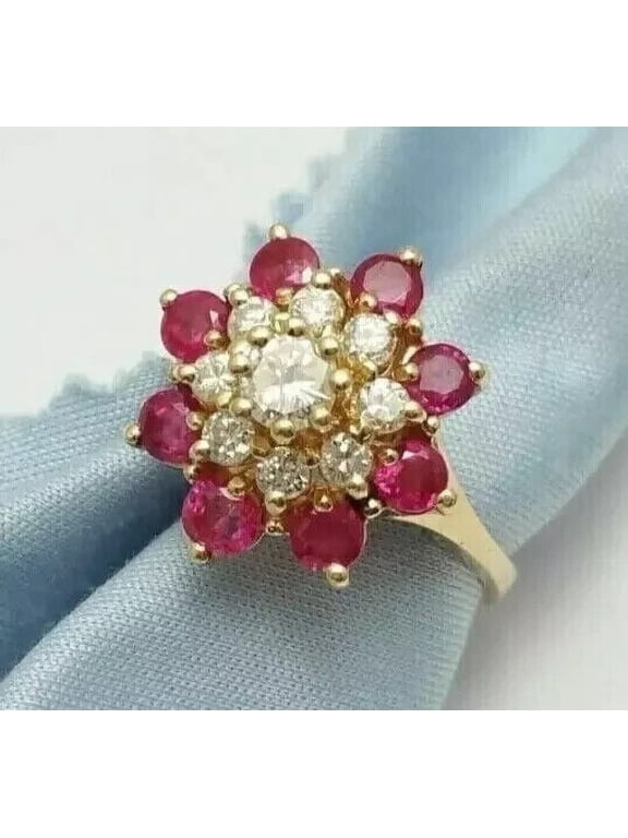 Red Ruby Halo Flower Ring 2.50Ct Round Cut Lab-Created 14K IN Yellow Gold Plated