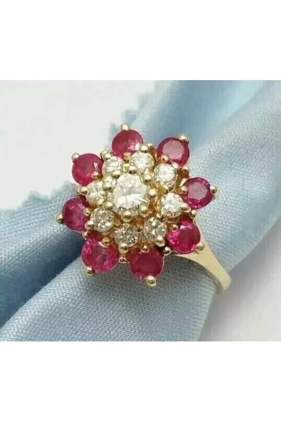 Red Ruby Halo Flower Ring 2.50Ct Round Cut Lab-Created 14K IN Yellow Gold Plated