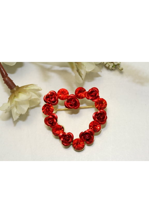 Red Ruby Rhinestone Heart with Roses Brooch Pin, Valentine's Day Heart, Valentine's Day Jewelry Gift