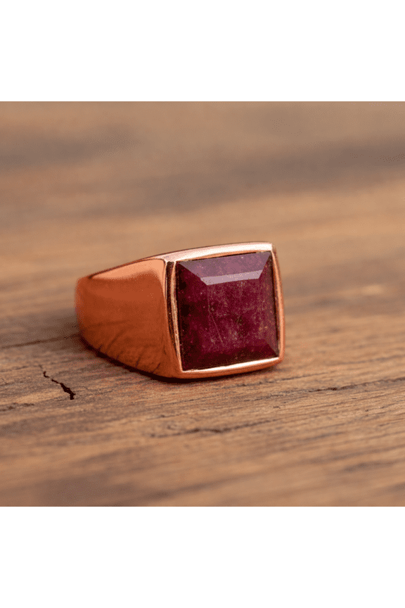 Red Ruby Signet Ring, Solid Pure Copper Jewelry, Handmade Square Cut Gemstone Ring