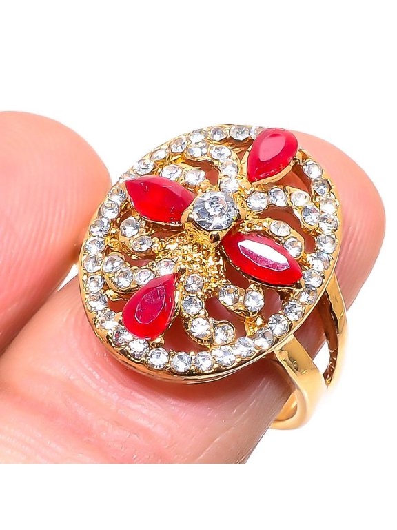 Red Ruby(Simulated) White Topaz Gemstone Handmade Jewelry Ring Size 8