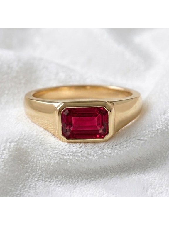 Red Ruby Solitaire Ring, Men's Engagement Ring, Emerald Cut Signet Chunky Ring 925 Sterling Silver Yellow Gold Plated Wedding Band, Handmade Jewelry