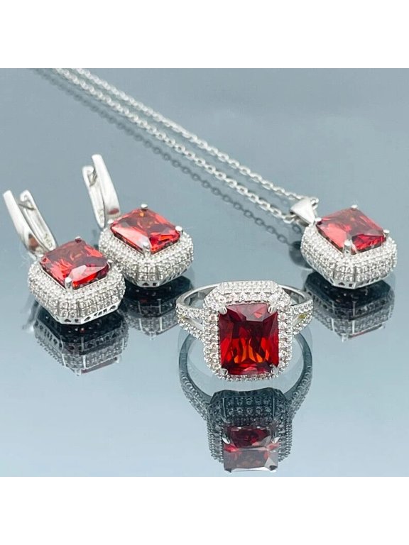 Red Ruby Stone Silver Set Women's 925 Sterling Silver Handmade Women's Jewellery
