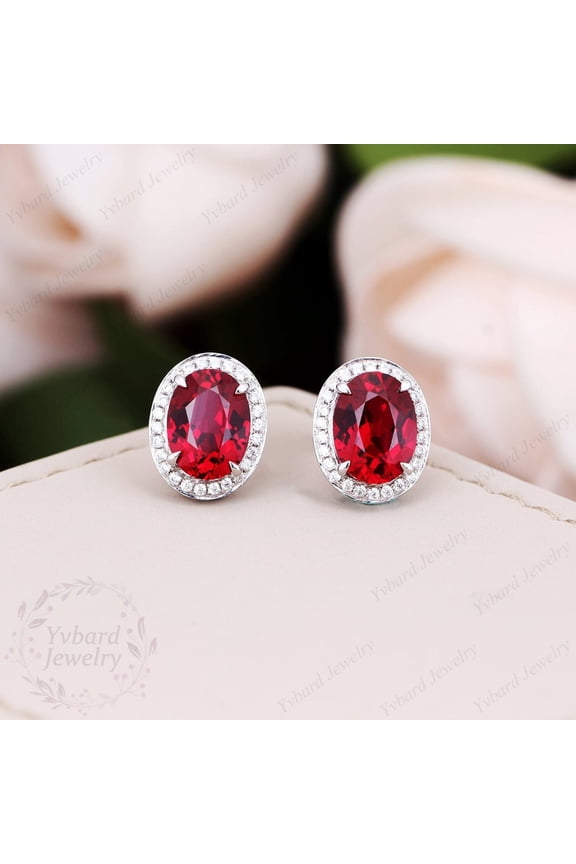 Red Ruby Wedding Earrings Gemstone Bridal Stud Earrings Moissanite Halo Earrings 18K/14K/10K Solid White Gold Earrings Anniversary Gift