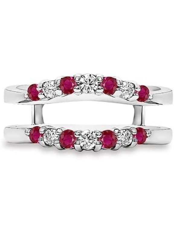 Red Ruby & White Diamond 925 Sterling Silver 14K White Gold Finish Women Enhancer Wrap Engagement Wedding Ring