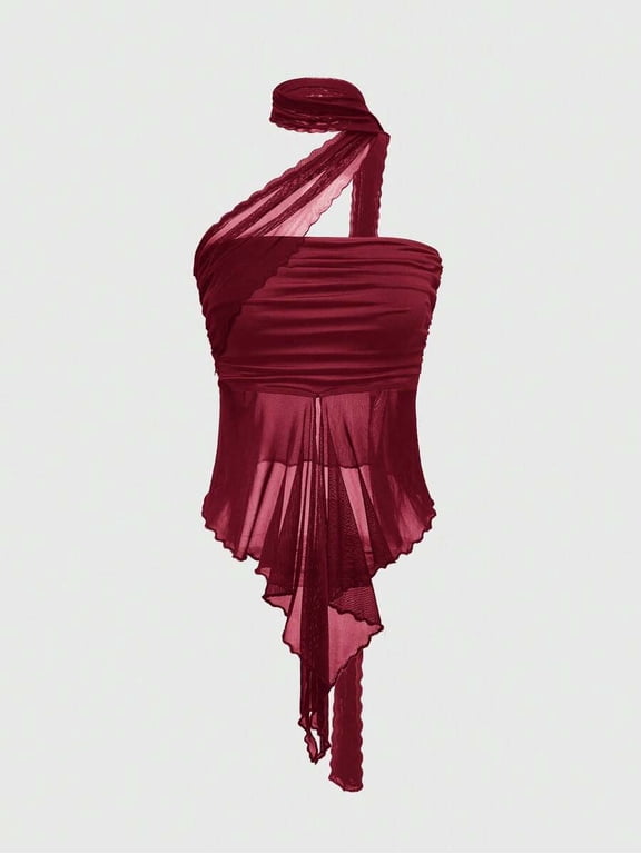 Red Ruched One-Shoulder Bandeau Top With Detachable Mesh Scarf For Women