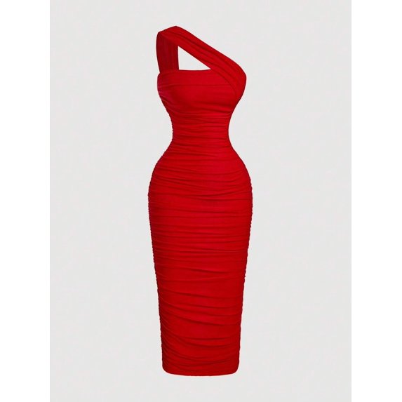 Red Ruched One Shoulder Bodycon Midi Dress, Elegant Evening Dress For Women