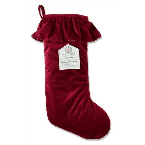 Red Ruffle Christmas Stocking,20" Large Wine Red Velvet Christmas Stocking,Xmas Plush Stocking Fireplace Decor Hanging Christmas Socks Candy Gift Fillers Suffer Bags for Xmas Ornament