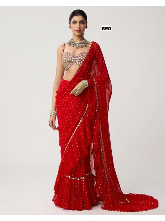 Red Ruffled Georgette Saree with Mirror Work Border & Blouse